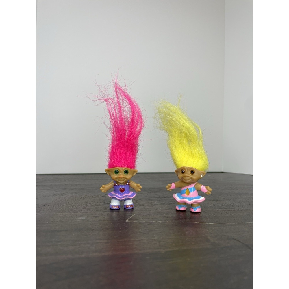Ace Novelty Co Vintage Treasure Troll Set Of Two Mini Yellow And Pink Hair Disco